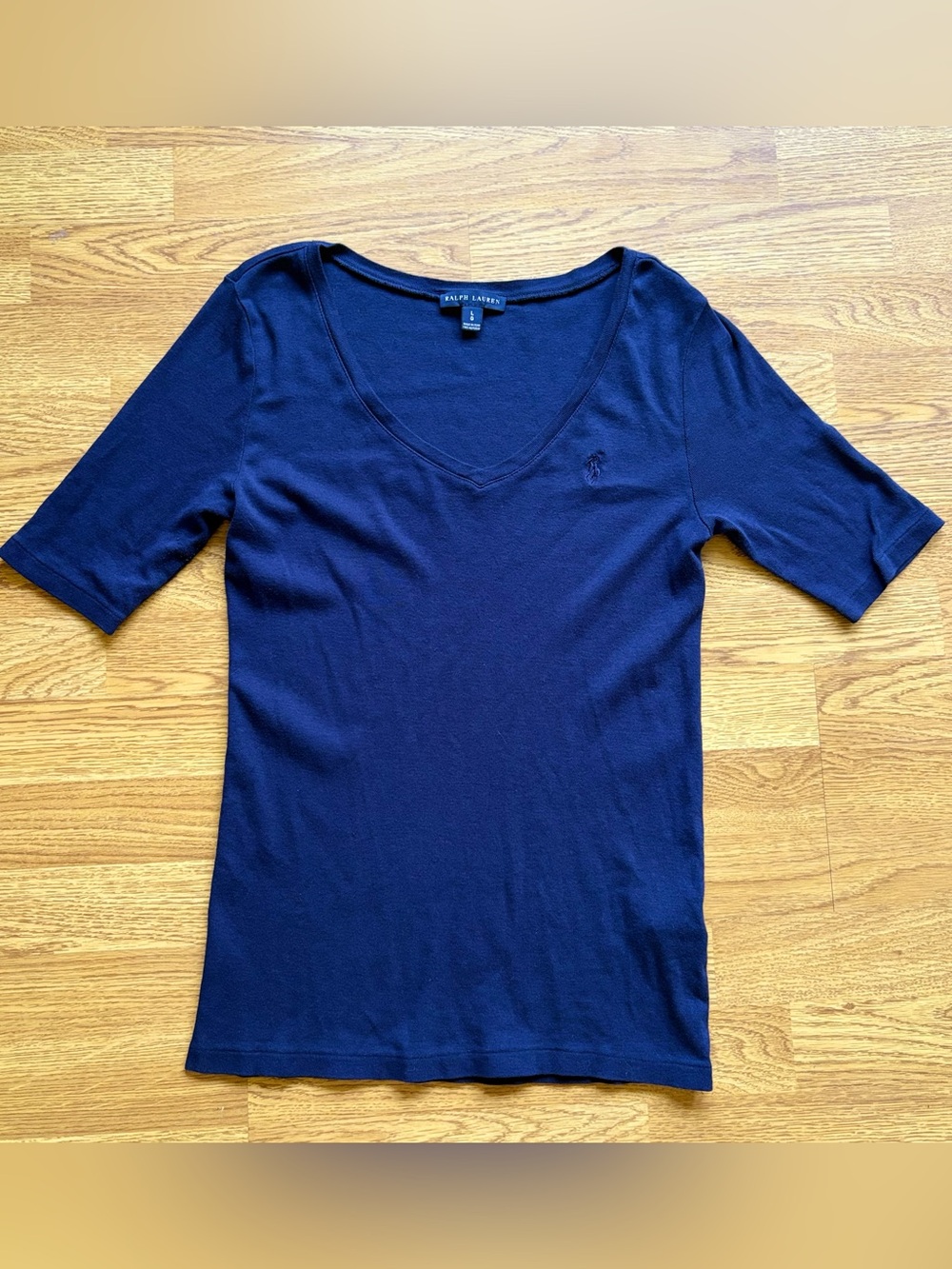 Ralph Lauren Navy V-Neck Short Elbow Sleeve Women's Top Tee Classic Casual Sz L